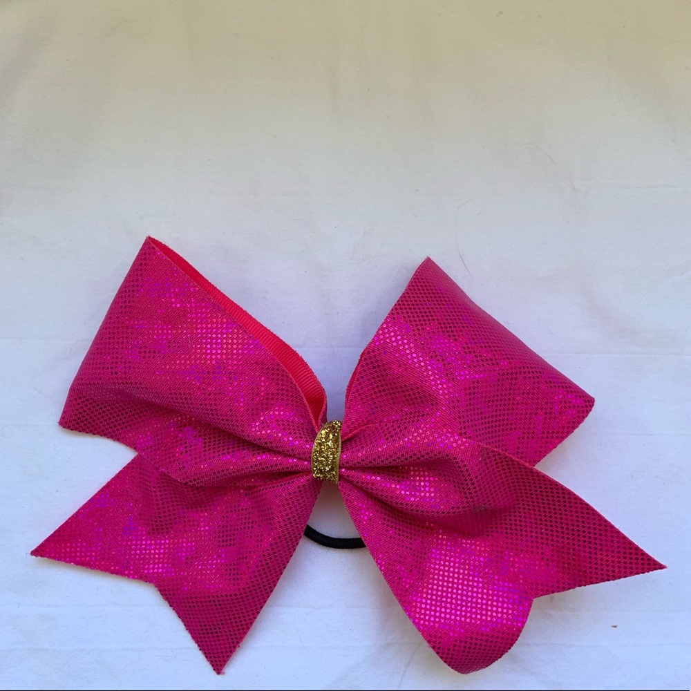 Pink cheer bow with gold glitter center